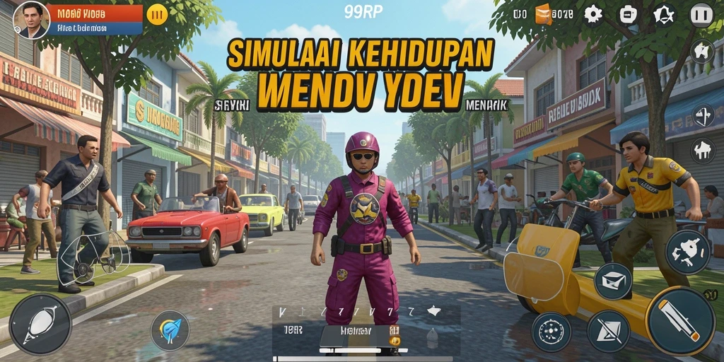 Screenshot dari 99RP menunjukkan dunia simulasi yang penuh warna dan interaksi.