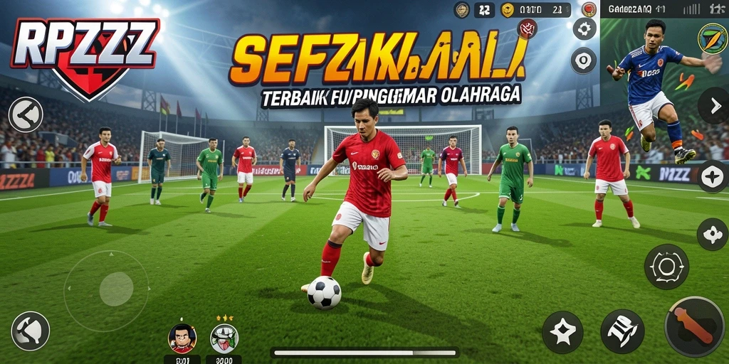 Screenshot utama RPZZZ menampilkan aksi seru di lapangan sepak bola.