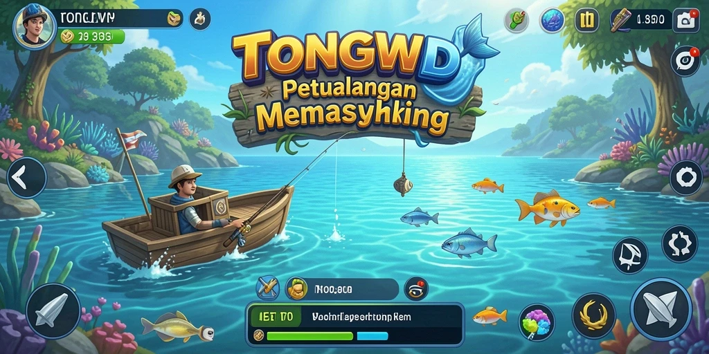 Tampilan gameplay TONGWD saat memancing di laut yang indah.